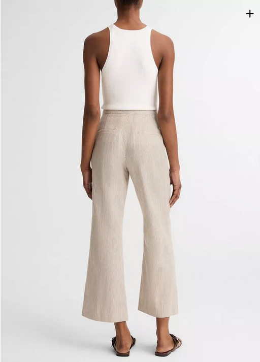 VINCE Ticking Stripe Linen Cotton Low Rise Flare Trouser - Taupe Wood