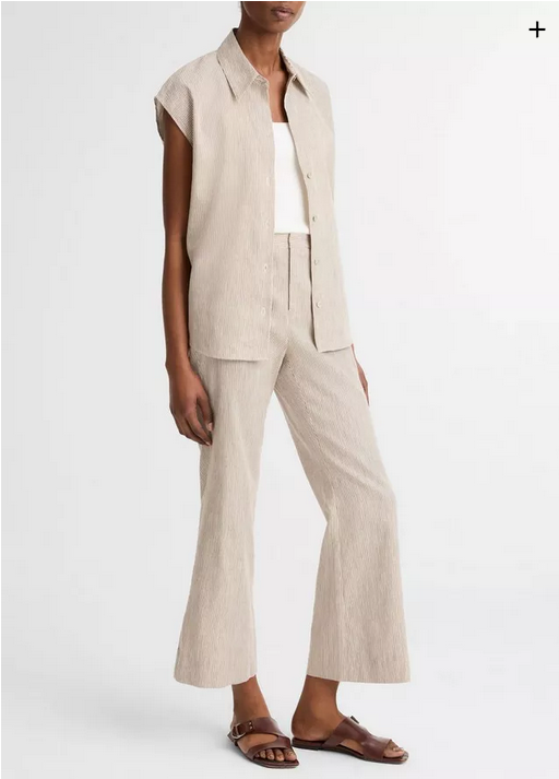 VINCE Ticking Stripe Linen Cotton Low Rise Flare Trouser - Taupe Wood