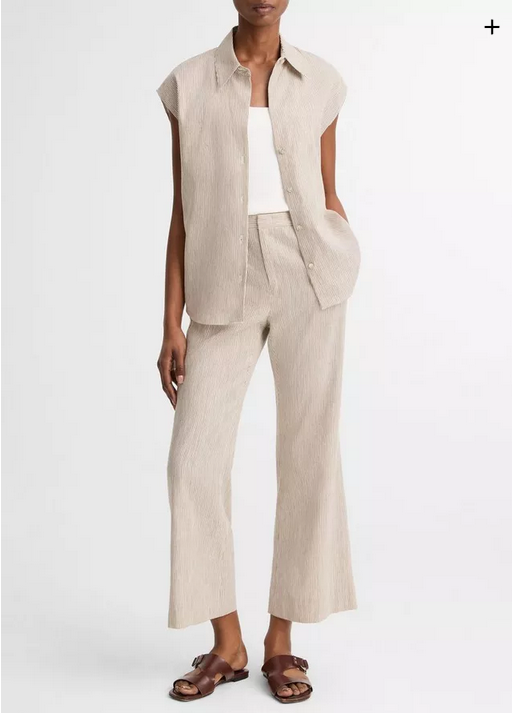 VINCE Ticking Stripe Linen Cotton Low Rise Flare Trouser - Taupe Wood