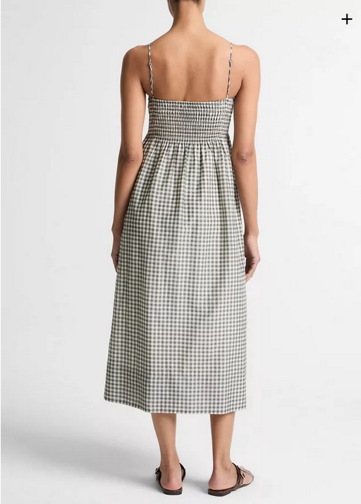 VINCE Gingham Cotton-Silk Tie Smocked Dress - Off White/Smoke