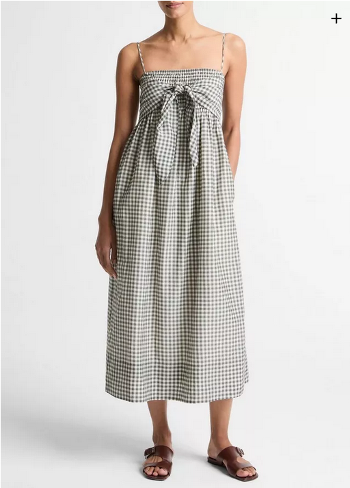 VINCE Gingham Cotton-Silk Tie Smocked Dress - Off White/Smoke