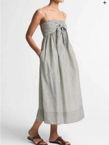 VINCE Gingham Cotton-Silk Tie Smocked Dress - Off White/Smoke