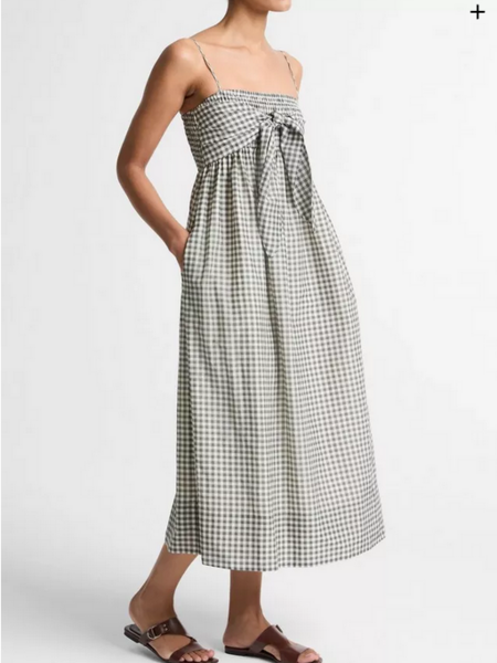 VINCE Gingham Cotton-Silk Tie Smocked Dress