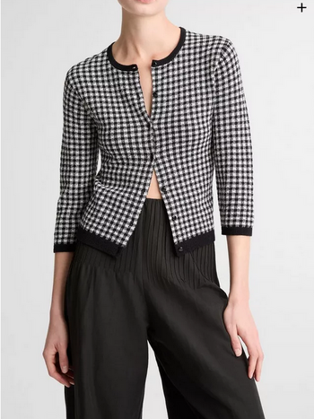 VINCE Gingham Italian Wool Blend Cardigan - Black/Off White