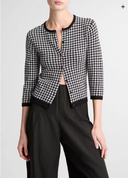 VINCE Gingham Italian Wool Blend Cardigan - Black/Off White