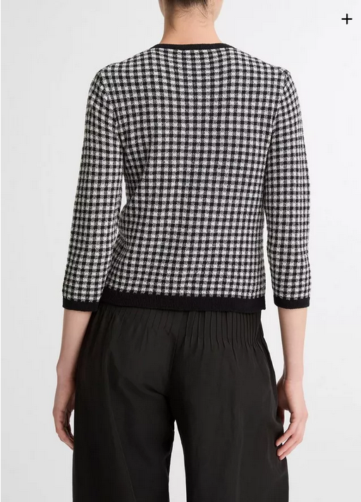 VINCE Gingham Italian Wool Blend Cardigan - Black/Off White