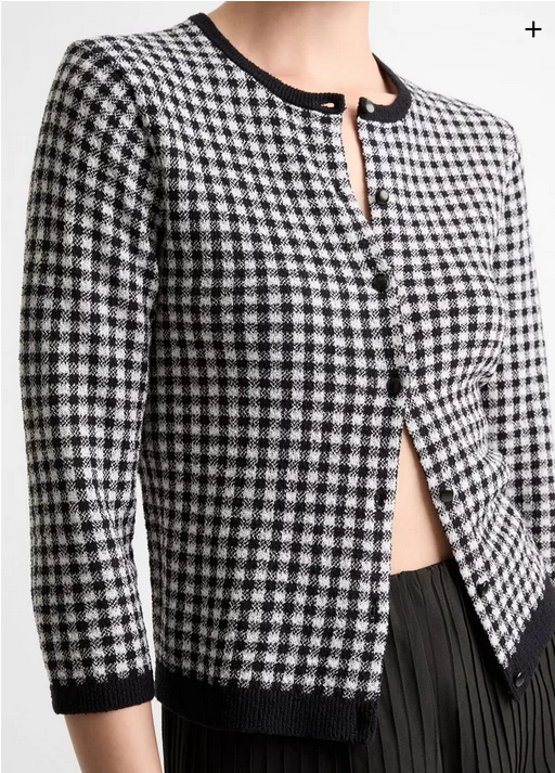 VINCE Gingham Italian Wool Blend Cardigan - Black/Off White