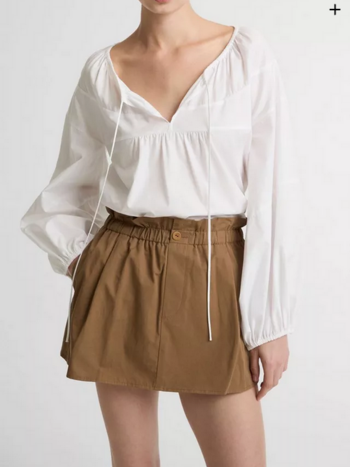 VINCE Shirred Cotton Tie-Neck Blouse - Optic White