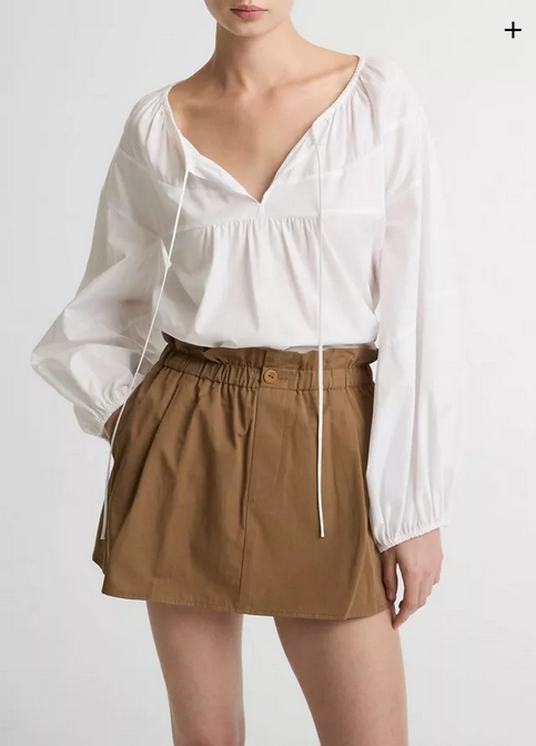 VINCE Shirred Cotton Tie-Neck Blouse - Optic White