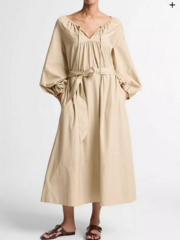 VINCE Shirred Cotton Belted Tie-Neck Dress - Sand Beige