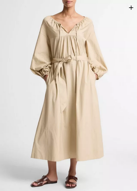 VINCE Shirred Cotton Belted Tie-Neck Dress - Sand Beige