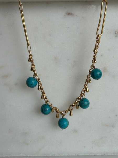 SENNOD Turquoise Ball & Gold Tear Dangle Necklace