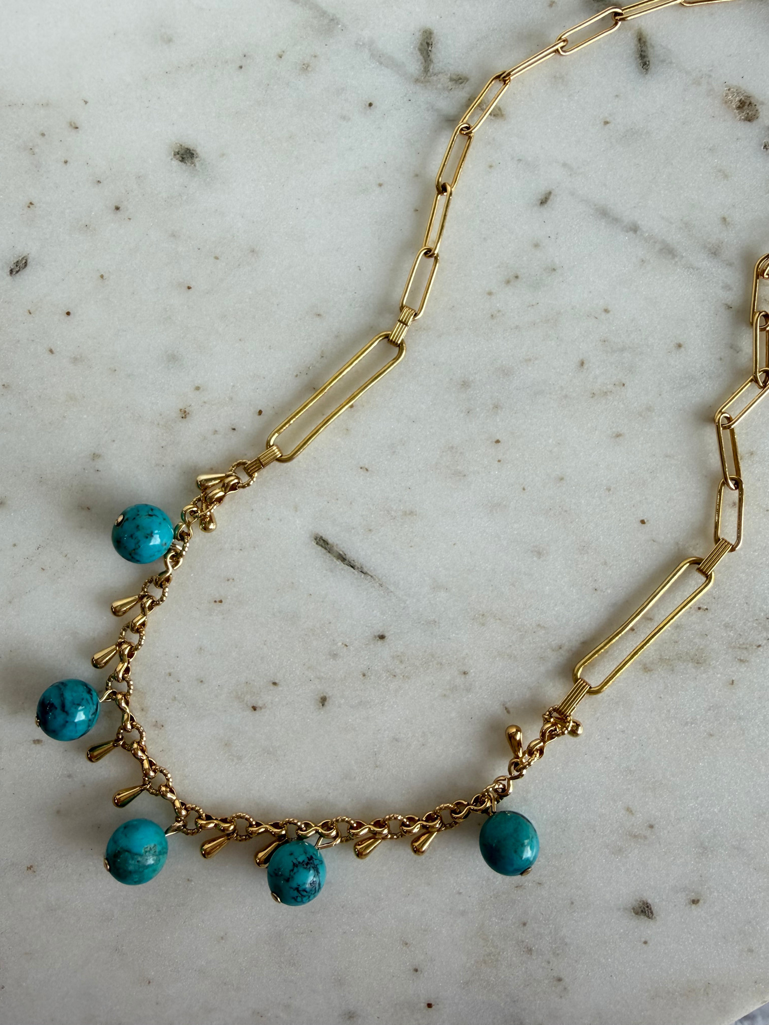 SENNOD Turquoise Ball & Gold Tear Dangle Necklace
