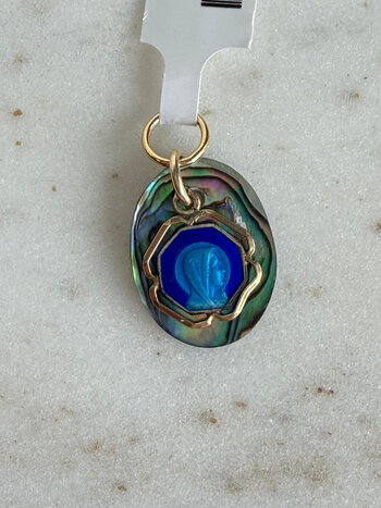 SENNOD French Antique Mary Medal Blue Enamel & Abalone Vignette