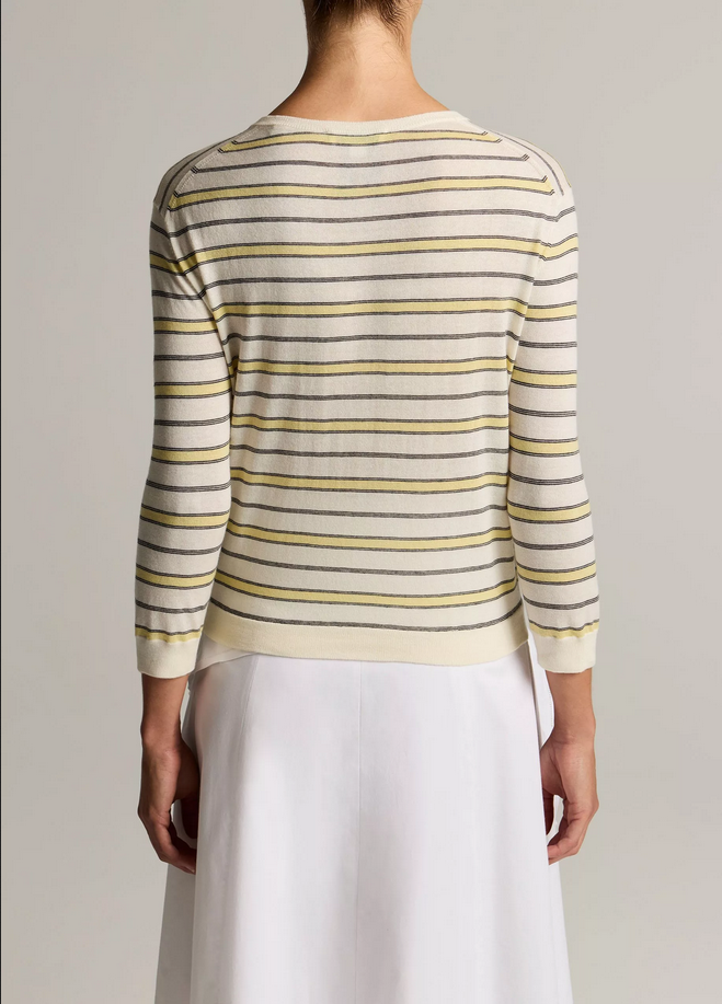 VINCE Striped Italian Cotton-Cashmere Three-Quarter-Sleeve Cardigan - Dandelion combo