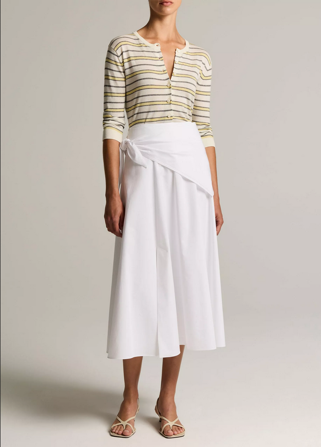 VINCE Striped Italian Cotton-Cashmere Three-Quarter-Sleeve Cardigan - Dandelion combo