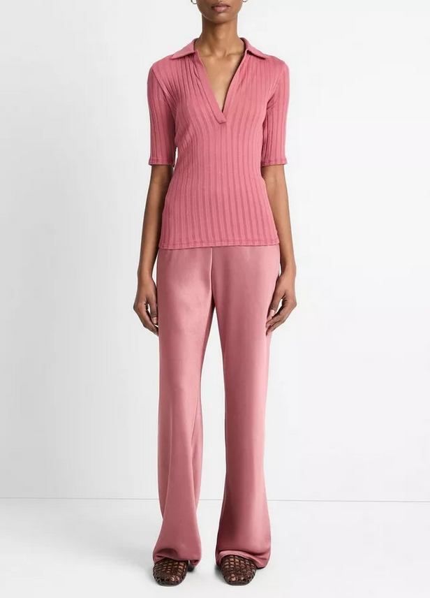 VINCE Elbow Sleeve Polo Shirt - Peony Wood
