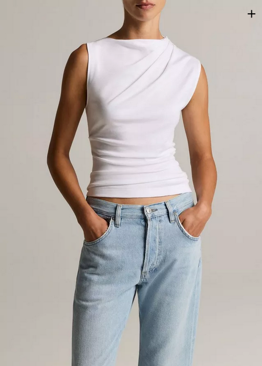 VINCE Pima Cotton Draped Sleeveless Top - Optic White