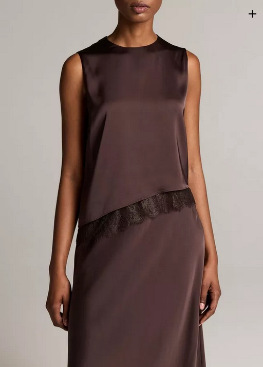VINCE Lace-Trim Satin Asymmetrical Shell - Iron