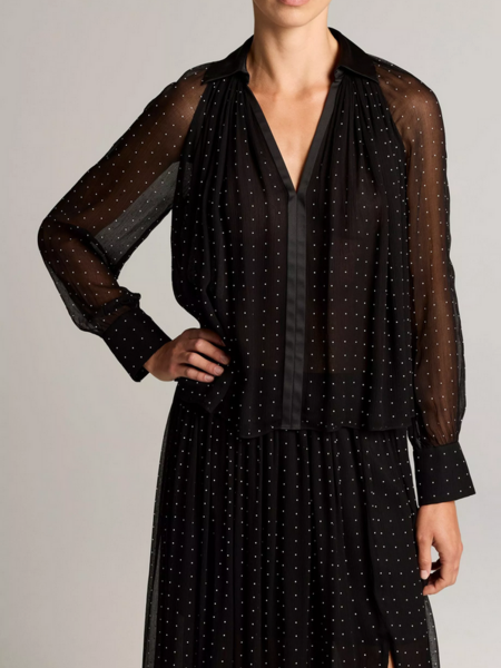VINCE Heat-Set Dot Chiffon Gathered Blouse - Black