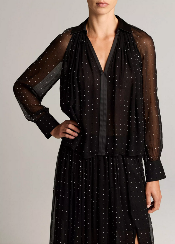 VINCE Heat-Set Dot Chiffon Gathered Blouse - Black