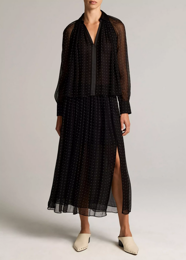 VINCE Heat-Set Dot Chiffon Gathered Skirt - Black