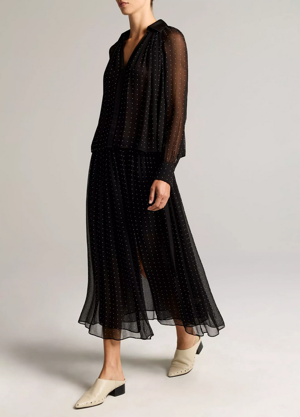 VINCE Heat-Set Dot Chiffon Gathered Skirt - Black