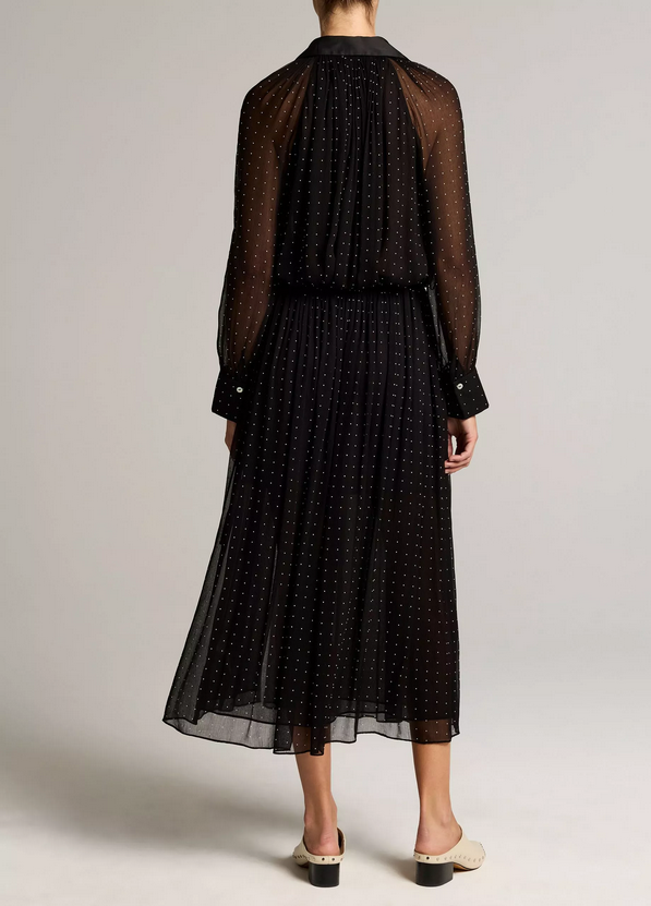 VINCE Heat-Set Dot Chiffon Gathered Skirt - Black