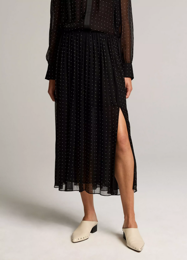 VINCE Heat-Set Dot Chiffon Gathered Skirt - Black