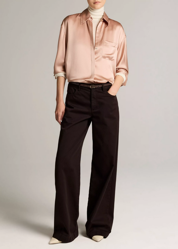 VINCE Silk Satin Dolman-Sleeve Button-Front Shirt