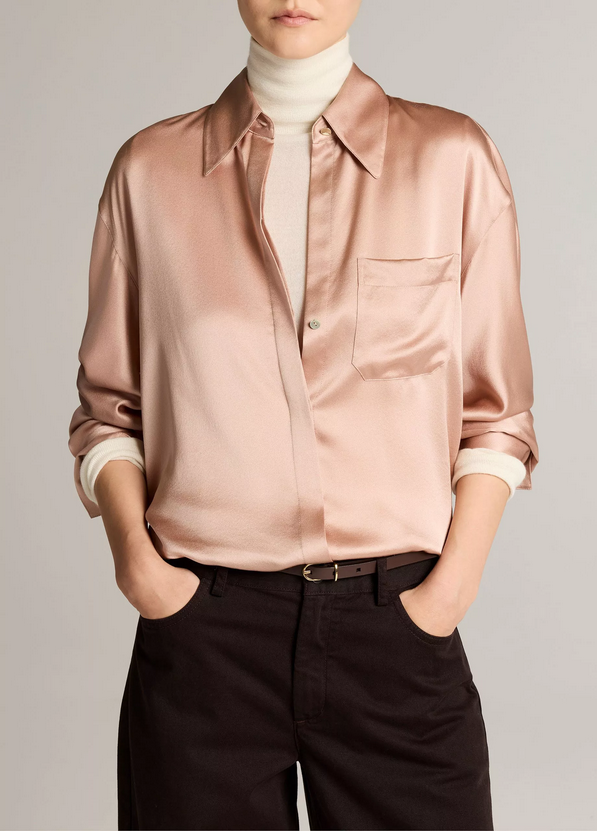 VINCE Silk Satin Dolman-Sleeve Button-Front Shirt