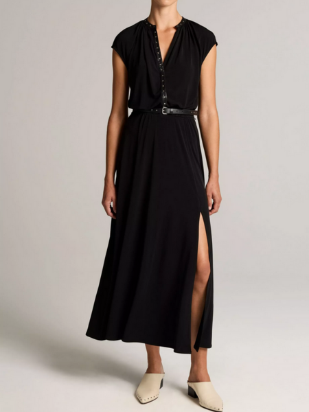 VINCE Studded Matte Jersey Cap-Sleeve Dress - Black