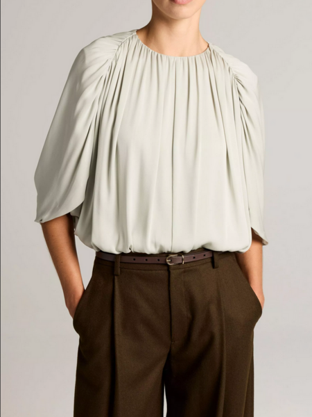 VINCE Stretch-Silk Cape-Sleeve Bubble Blouse - Stone Sage