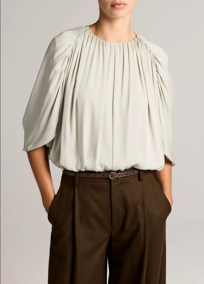 VINCE Stretch-Silk Cape-Sleeve Bubble Blouse - Stone Sage