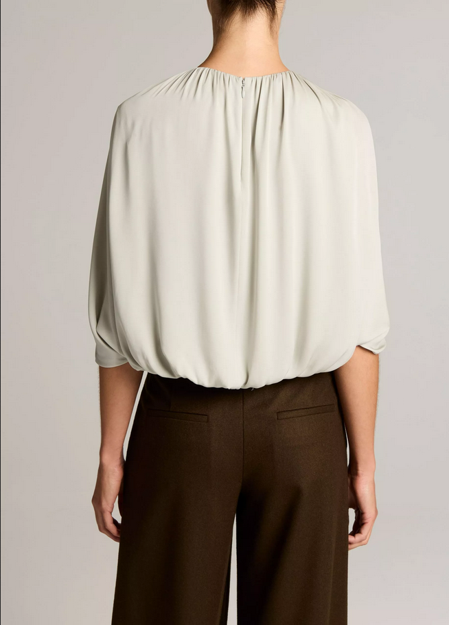 VINCE Stretch-Silk Cape-Sleeve Bubble Blouse - Stone Sage