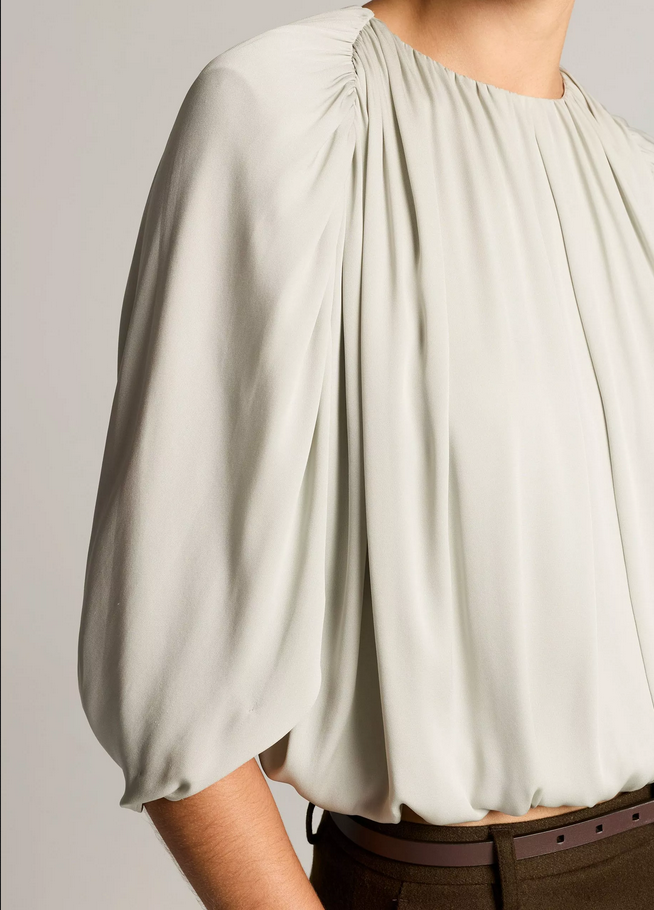 VINCE Stretch-Silk Cape-Sleeve Bubble Blouse - Stone Sage