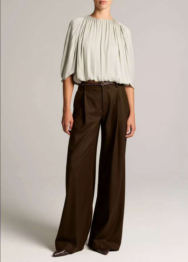 VINCE Stretch-Silk Cape-Sleeve Bubble Blouse - Stone Sage