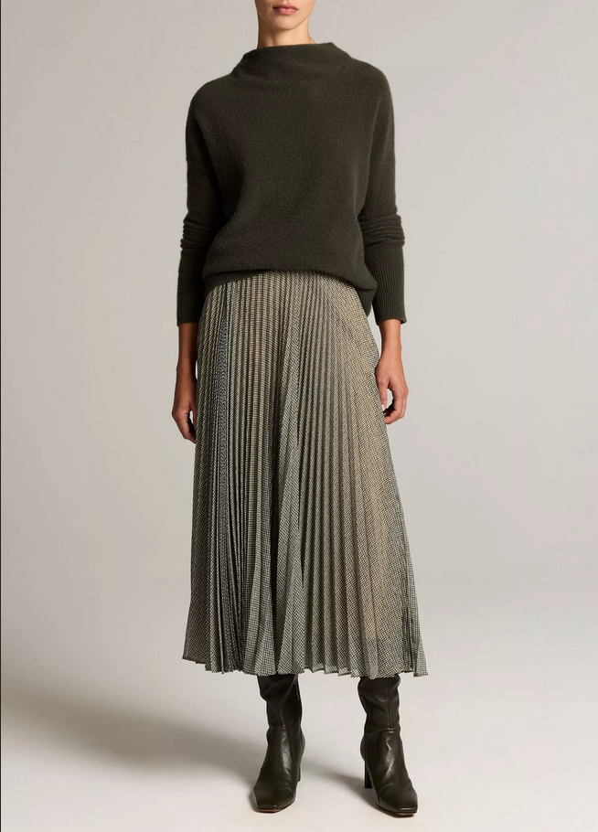 VINCE Sheer Houndstooth Pleated Pull-On Skirt - Black/Sage