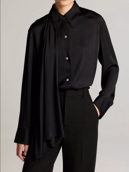 VINCE Silk-Blend Draped Scarf-Tie Button-Front Shirt - Black