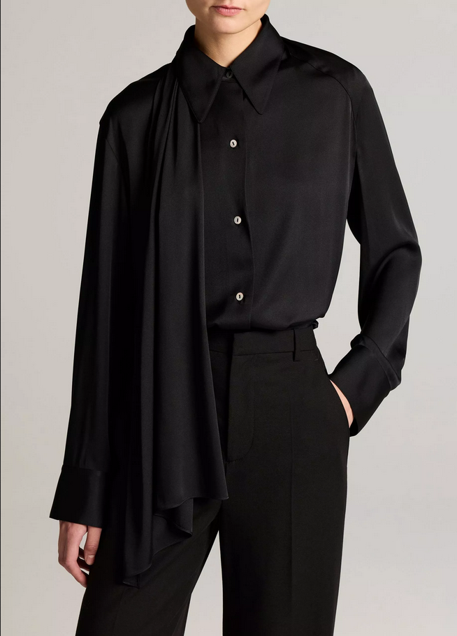 VINCE Silk-Blend Draped Scarf-Tie Button-Front Shirt - Black