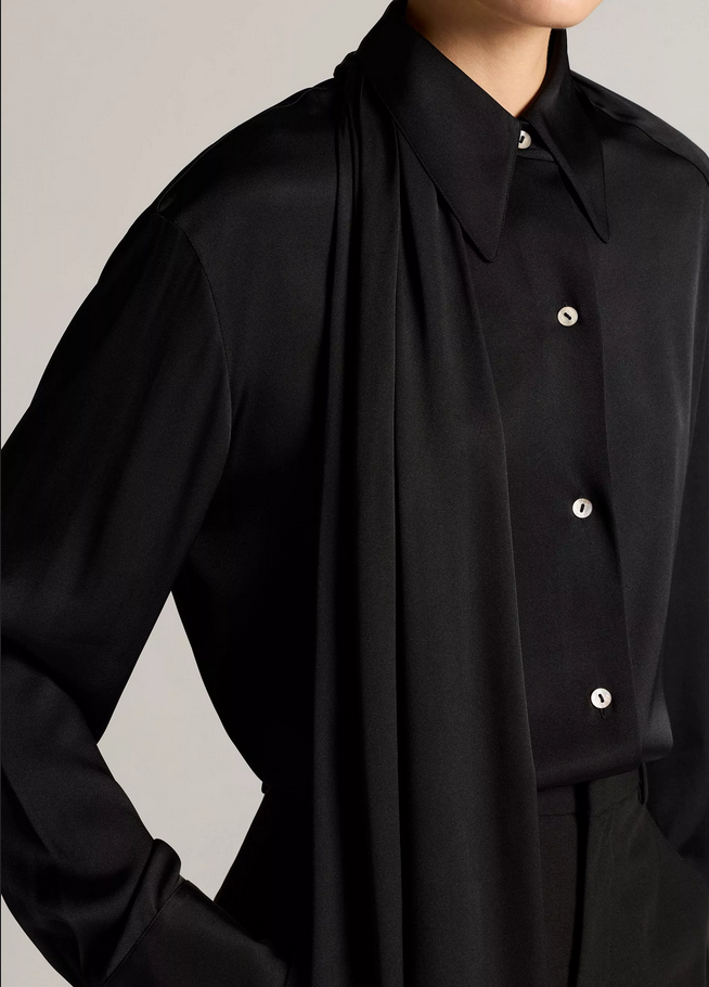 VINCE Silk-Blend Draped Scarf-Tie Button-Front Shirt - Black