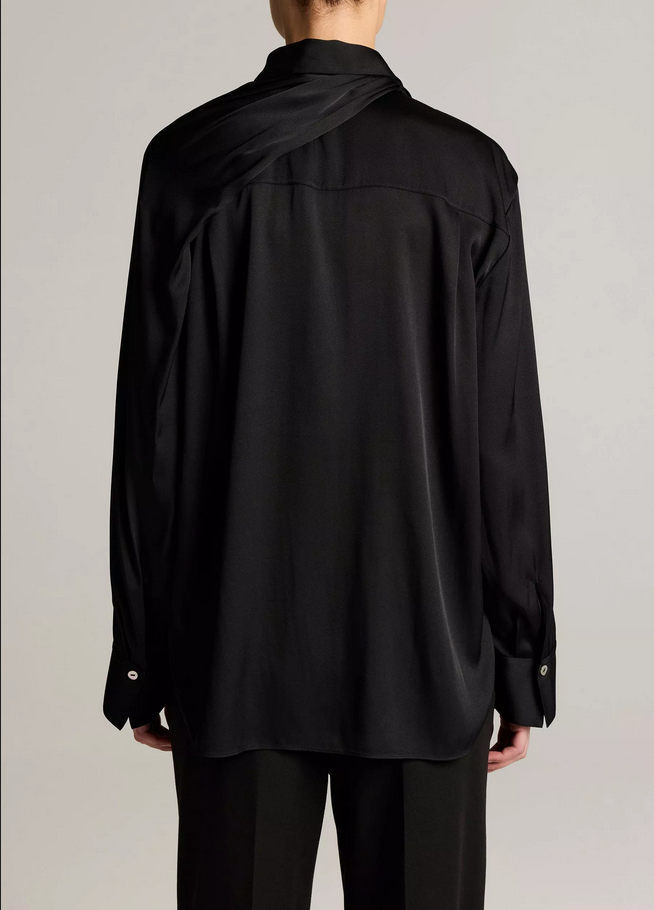 VINCE Silk-Blend Draped Scarf-Tie Button-Front Shirt - Black