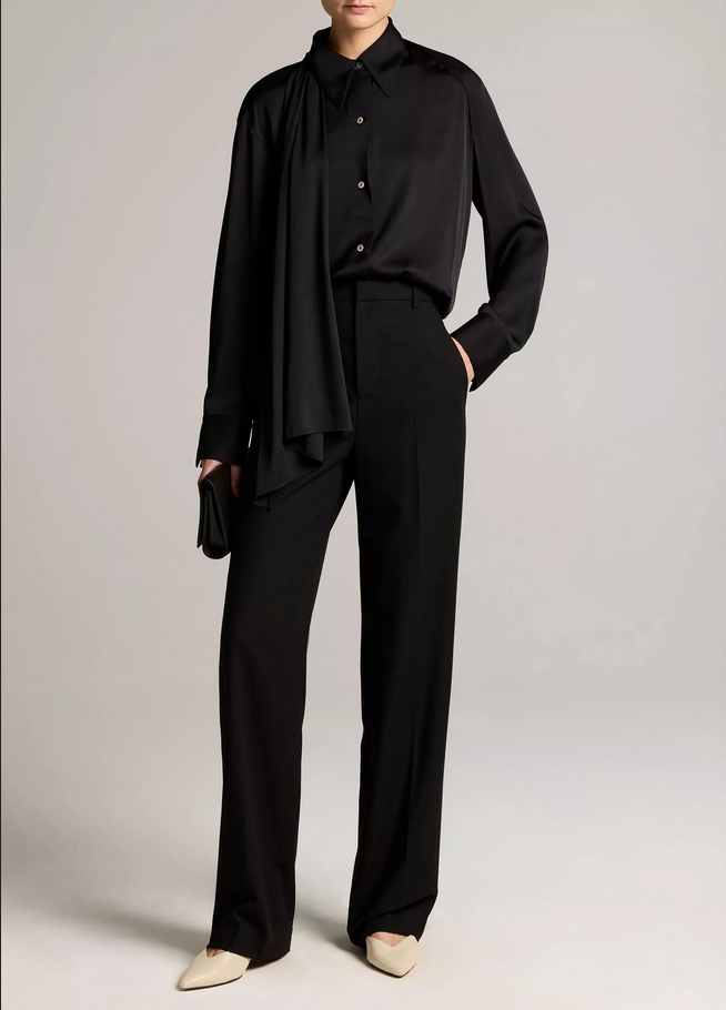 VINCE Silk-Blend Draped Scarf-Tie Button-Front Shirt - Black