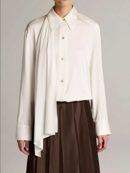 VINCE Silk-Blend Draped Scarf-Tie Button-Front Shirt - Off White