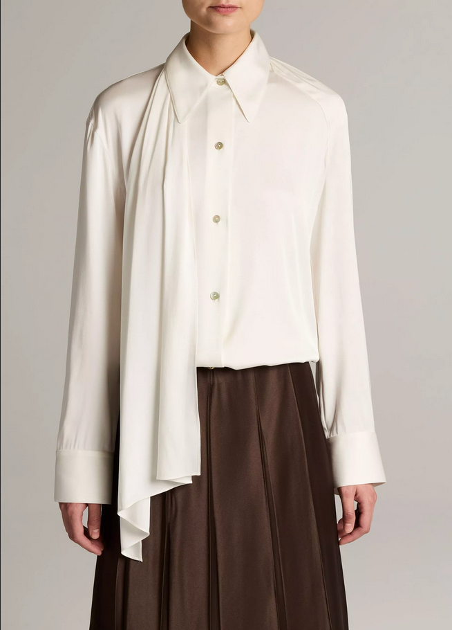 VINCE Silk-Blend Draped Scarf-Tie Button-Front Shirt - Off White