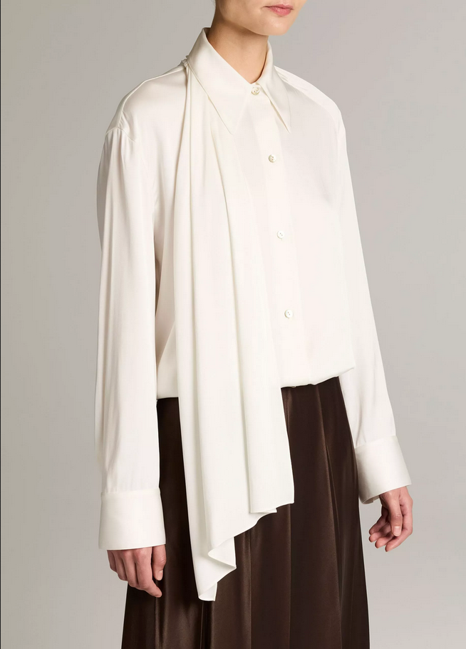 VINCE Silk-Blend Draped Scarf-Tie Button-Front Shirt - Off White