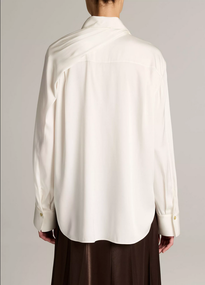 VINCE Silk-Blend Draped Scarf-Tie Button-Front Shirt - Off White