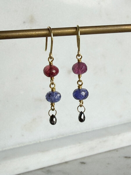 MALLARY MARKS Spun Sugar Earrings - 3 Tier - Pink Tourmaline, Tanzanite, Black Diamonds
