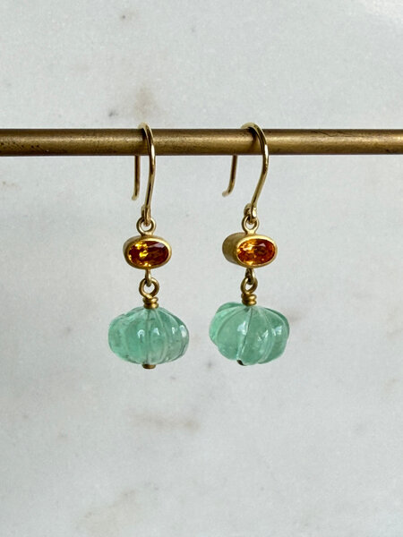 MALLARY MARKS Apple & Eve Earrings - Yellow Orange Sapphires & Carved Emerald Melon Beads