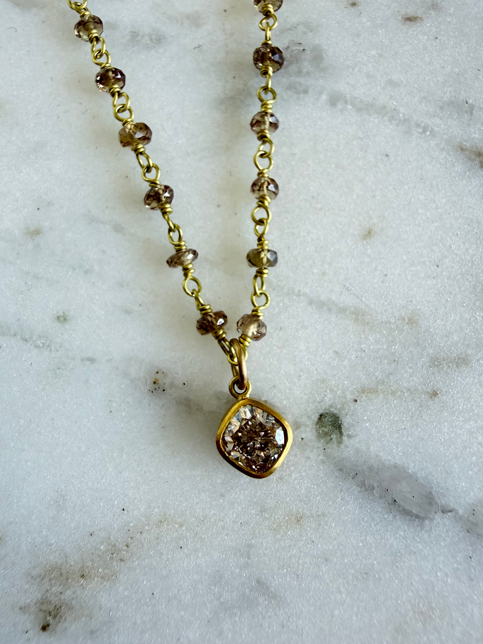 MALLARY MARKS Spun Sugar Necklace - Brown Garnet Beads w/ Champagne Diamond Pendant